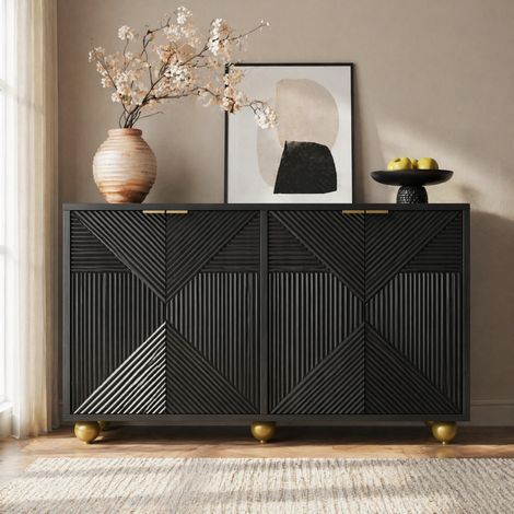Buffet 4 portes avec étagères réglables, poignées métal, MDF noir DESVIAE (1/5)