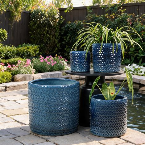 Set de 4 pots de fleurs en céramique bleu profond Ø37 31 24,5 (1/5)
