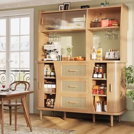 Sideboard 140/40,5/174,5 cm in Holzoptik mit Glasschiebetüren und 3 Schubladen, Vintage-Design (1/5)