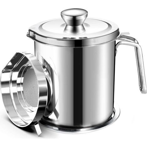 Stainless steel oil storage container with 2-liter capacity, dustproof lid, fine mesh screen, and non-slip plate for frying oil storage (1/5)
