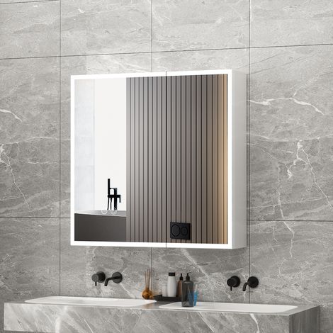 Armoire de Toilette LED 60x70 cm en ABS Blanc - Prise & USB - [Sans Assemblage] - Miroir Anti-buée - Matériau Anti-Corrosion - Livrée Montée - AquaWise (1/5)