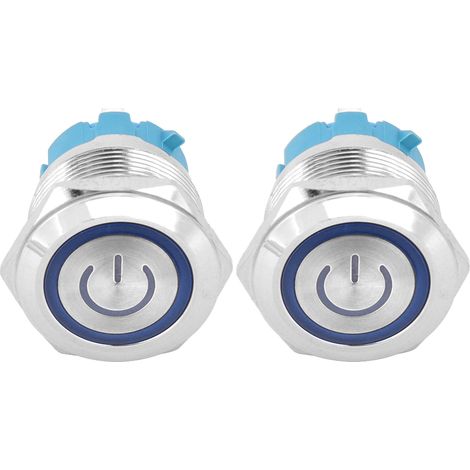 Lot de 2 interrupteurs à bouton-poussoir métalliques de 22 mm, à tête plate momentanée, 4 broches, avec témoin lumineux d'alimentation, IP65, 12-24 V CC, bleu (1/5)