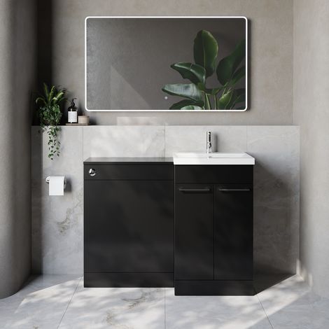 Napoli 390 Cento Matt Black 1100mm 2 Door Vanity Unit Toilet Suite with Glide Basin - 1100mm - Chrome 160mm HandleWithout Kingston Toilet Pan