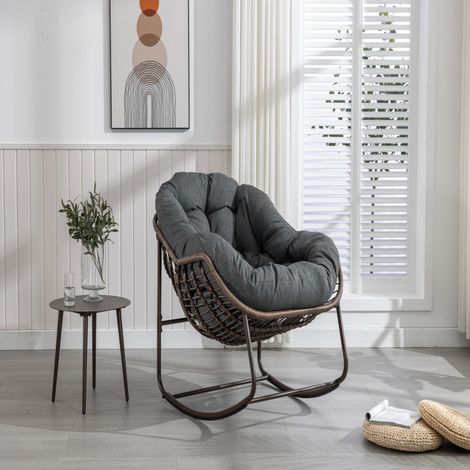 Fauteuil à bascule extérieur osier œuf – Surdimensionné – Coussin épais – Gris foncé – Balcon/Jardin/Terrasse – Confort moderne (1/5)