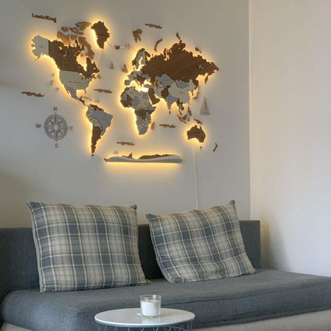 Weltkarte aus Holz mit LED-Beleuchtung, 3D-Muster, 19 Ländergrenzen, 160 x 100 cm (1/5)
