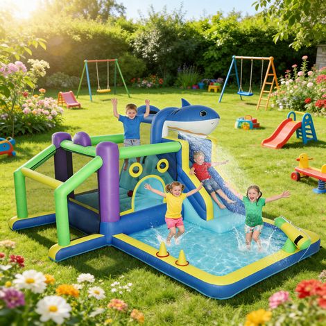 8-in-1 aufblasbar Hüpfburg mit Hai-Design Gebläse Rutsche Planschbecken Trampolin für 3–8 Jahre 405x345x235cm Mehrfarbig