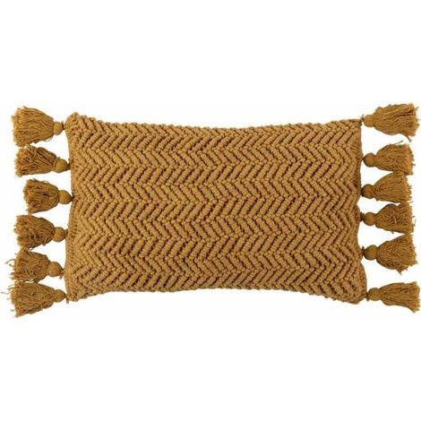 Coussin Déco à Pompons "Floche" 30x60cm Ocre (1/2)