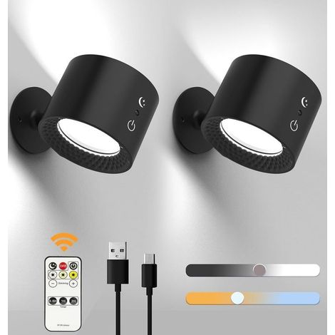 Lot de 2 appliques murales LED sans fil rechargeables 2000mAh rotation 360° télécommande (1/5)