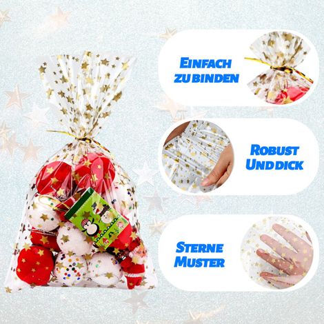 Sacchetti di cellophane con stelle dorate, 100 sacchetti per biscotti con chiusure in metallo per regali (1/3)