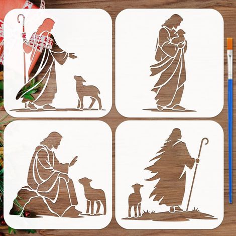 4Pièces Pochoirs Christ et Agneau Avec Un Pinceau 15x15cm Pochoirs Motifs Christ Pochoir Peinture Agneau Modèle Décoratif Noël PET pour Peinture Sur Bois, T-Shirt, Mug, Fenêtre, DIY (1/5)