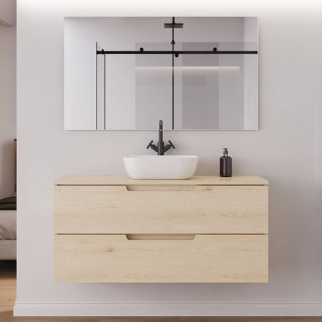 Meuble de salle de bain 120cm avec plateau et vasque à poser arrondie - 2 tiroirs - roble calima (bois clair) - SONRIZA (1/5)