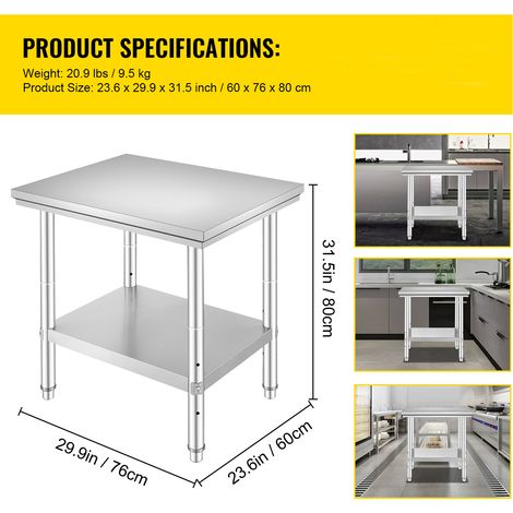 Mophorn Zubereitungstisch aus Edelstahl, 61 x 76,2 cm, 318 kg Tragkraft, robuster Arbeitstisch aus Metall, 3 höhenverstellbar, gewerbliche Arbeitsstation, Küche, Garage, Restaurant, Hinterhof (1/4)