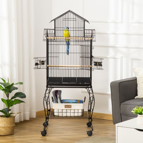 Cage à oiseaux d'intérieur en bois avec plateau. 4 roues et perchoir. 50 x 49 x 137 cm (1/5)