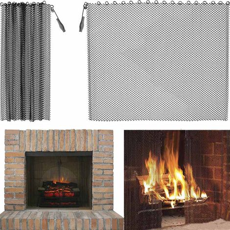2pcs 24x19in (61x48.3cm) Black Metal Fireplace Spark Screen Curtains - Protection contre les étincelles et pare-feu en maille métallique (1/5)