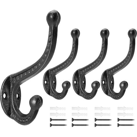Crochets muraux robustes, lot de 4 crochets doubles utilitaires rétro, parfaits pour suspendre manteau, sac, serviette, peignoir, chapeau, écharpe, veste, clé et plus encore, matériel de montage inclu (1/5)