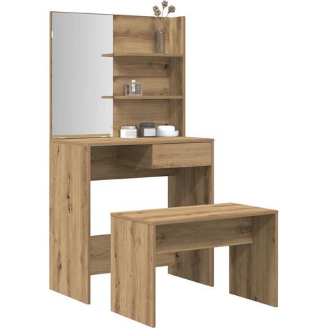 Ensemble coiffeuse avec miroir et tabouret en bois d’ingénierie chêne artisanal - PANGIVO (1/5)