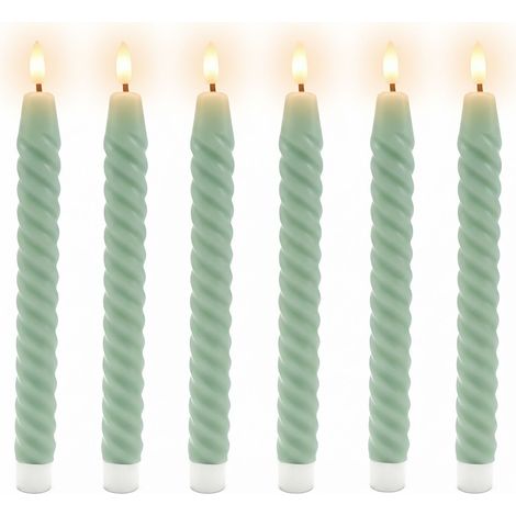 Relaxdays LED Stabkerzen, 6er Set, HxD: 25 x 2 cm, flackernde Flamme, Echtwachs, gedreht, flammenlose Kerzen, salbei