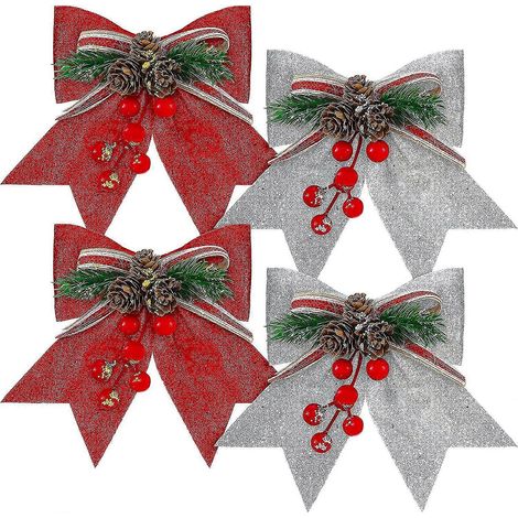 4 nœuds décoratifs de Noël à paillettes rouges pour sapin, guirlande et couronne de Noël (rouge, argent, 17,8 x 17 cm) (1/5)