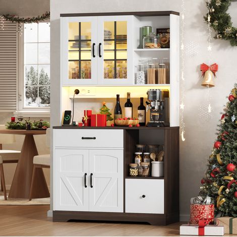 Buffet de cuisine MDF naturel et blanc 105 x 40 x 185 cm, rangement avec LED multicolore, prises, étagères réglables et tiroirs