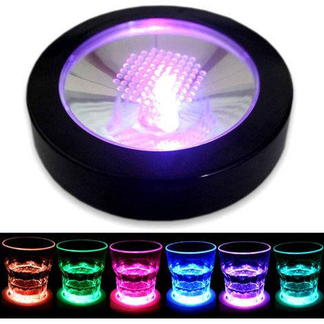Sous-verre LED avec sensor de gravité, coaster lumineux pour bar, party, club, blanc ou noir, 9.4cm, ABS, alimentation AAA (1/4)