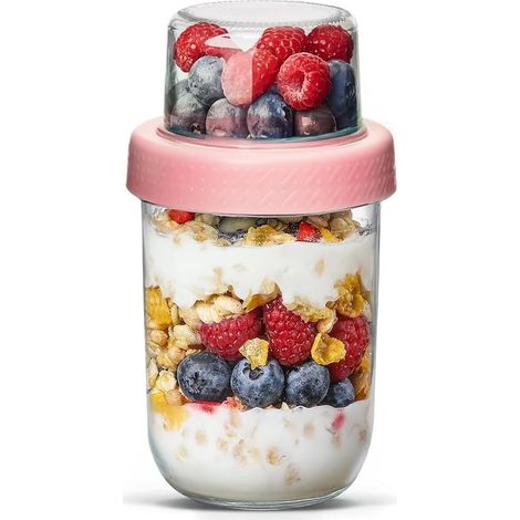 Pot de Yaourt en Verre avec Couvercle 480ml + 120ml, Double Compartiment, Overnight Oats Jar, Pot Overnight Oat Verre, Bureau, École, Pique-nique, Adultes et Enfants (1/5)