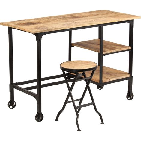 Schreibtisch mit Klapphocker Mangoholz Massiv 115x50x76 cm