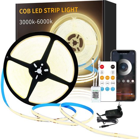 COB Ruban LED 15M Contrôle APP avec Télécommande Bande LED COB Flexible Dimmable DC24V 3000K Blanc Chaud Convient pour Chambre Chambre DIY Décoration (1/5)