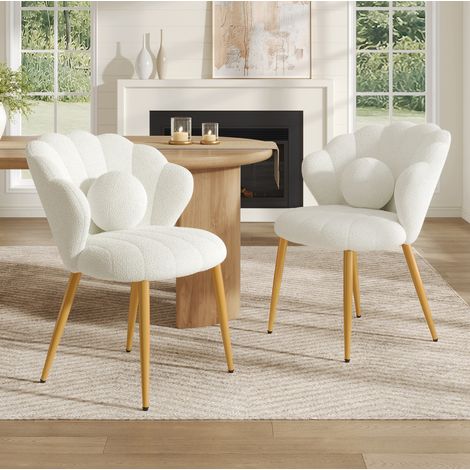 Set 2 sedie da pranzo in tessuto peluche bianco 60x62,5x83 cm, schienale a conchiglia (1/5)