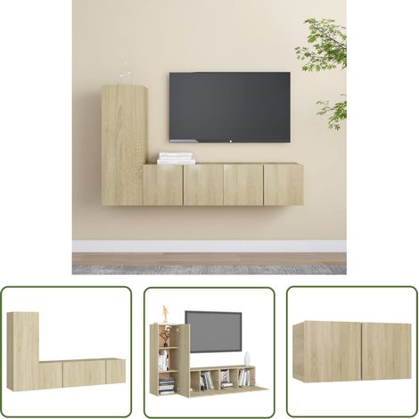 The Living Store 3-tlg. TV-Schrank-Set Sonoma-Eiche Holzwerkstoff - TV Schrank Set - Hängender TV Schrank - TV Möbel - Wohnwand - Regal (1/5)