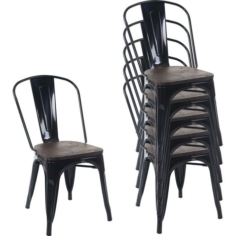 [NEUWERTIG] 6er-Set Stuhl HHG-775 inkl. Holz-Sitzfläche, Bistrostuhl Stapelstuhl, Metall Industriedesign stapelbar schwarz (1/5)
