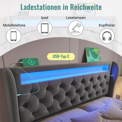 Lit double moderne 140x190cm, sommier rembourré avec LED, tête de lit rangement avec ports USB et Type-C, coffre hydraulique, gris velours (sans matelas) (1/5)