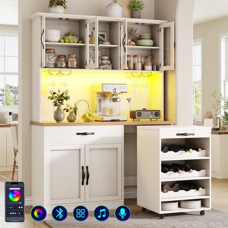 Armario de cocina 140x40x180 cm – Mueble alto con carro móvil, LED, vitrina expositor con estante para copas y vinos, aparador iluminado para salón y comedor (1/5)