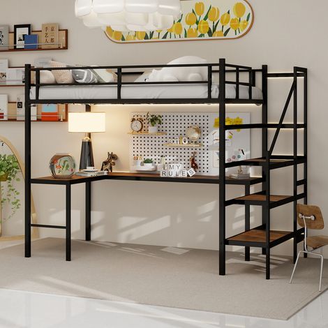 Lit mezzanine avec bureau en L, grand rangement et étagères, cadre de lit stable avec escalier, rambarde continue, gain de place, silencieux, pas de ressorts needed (1/5)