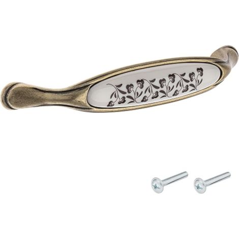 Poignée de meuble vintage en zamak finition laiton porcelaine céramique motif fleur entraxe 96 mm avec vis Tiroir Armoire Réparation (1/3)