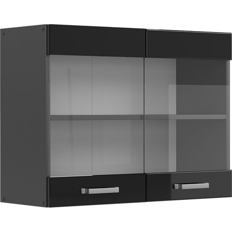 Küchenglasschrank R-Line, Schwarz Hochglanz, 80 cm, Vicco