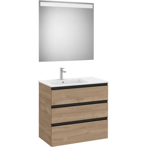 PACK MUEBLE THE GAP 800X460 3 CAJONES + LAVABO IZQUIERDA + ESPEJO EIDOS NOGAL