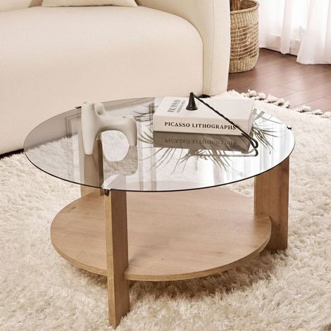 Couchtisch Canevino, Rundform, Glastischplatte, Eichenholzstruktur, 75x75x40h cm Eichenbraun (1/5)
