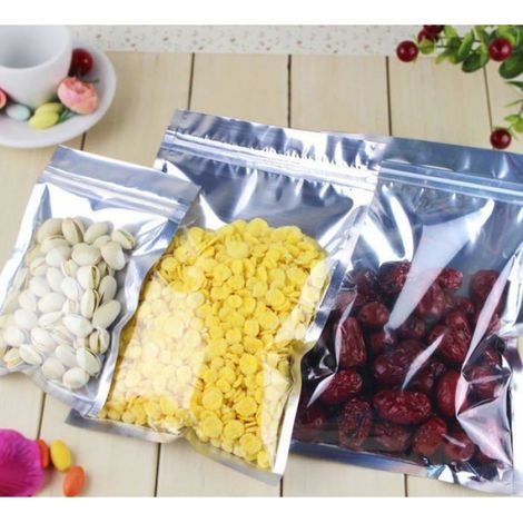 Lot de 100 sachets aluminium, fermeture zip, transparent argenté, 20x30 cm, stockage alimentaire (1/4)