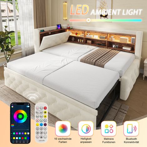 Canapé convertible 90x190 cm, structure en velours beige, canapé-lit avec accoudoir rangement, tête de lit en bois, éclairage LED, ports USB et Type-C, sommier à lattes, pour salon et chambre d'amis (1/5)