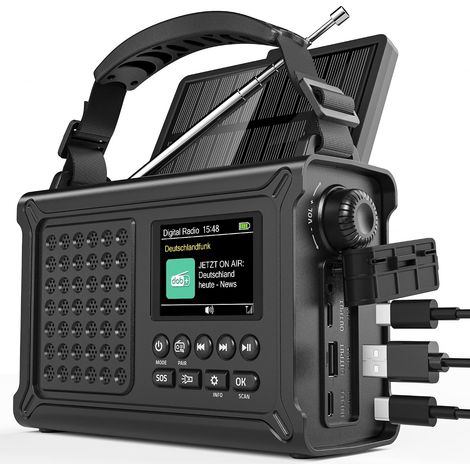 Radio d'Urgence à Manivelle 12000 mAh - DAB/DAB+/FM, Bluetooth 5.0, Panneau Solaire, Dynamo et Lampe de Poche LED Portable pour Camping et Secours