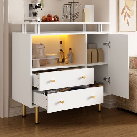 Aparador con 2 Puertas Correderas de Cristal, 2 Cajones, 1 Puerta y LED, Blanco, 80×35×80 cm (1/5)