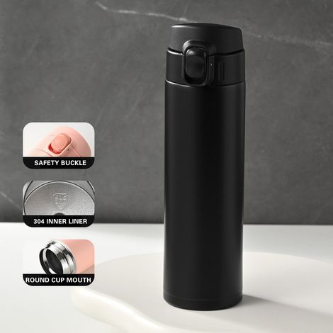 Tasse Isolante En Acier Inoxydable - 450 Ml - Double Paroi Sous Vide - Avec Poignée Et Couvercle À Rebond - Noir (1/5)