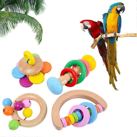Lot de 4 jouets d'entraînement pour perroquets, en bois aux couleurs vives, pour perruches et cacatoès. (1/4)