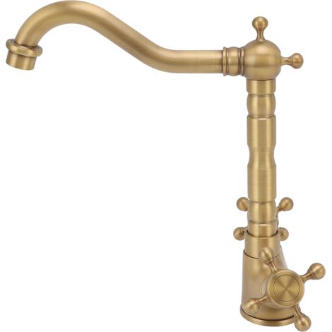 Robinet de salle de bain en laiton antique européen à double poignée et bouton en croix, robinet de cuisine avec eau chaude et froide (1/5)