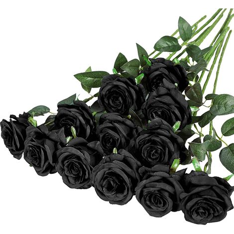 Lot de 10 roses artificielles en soie, tige unique, fleurs artificielles pour mariage, fête, maison ou auditorium, bouquet noir