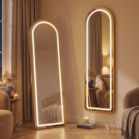 Miroir sur pied LED arqué 150x40 cm, Miroir mural pleine longueur, 3 couleurs de lumière, Cadre en aluminium, style moderne, Doré (1/5)