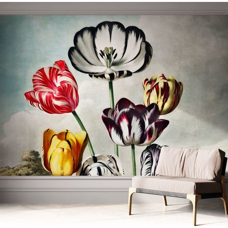 Papier peint adhésif autocollant pour salon chambre à coucher peint imprimé Installation facile Tulipes colorées 312x219 cm (1/5)