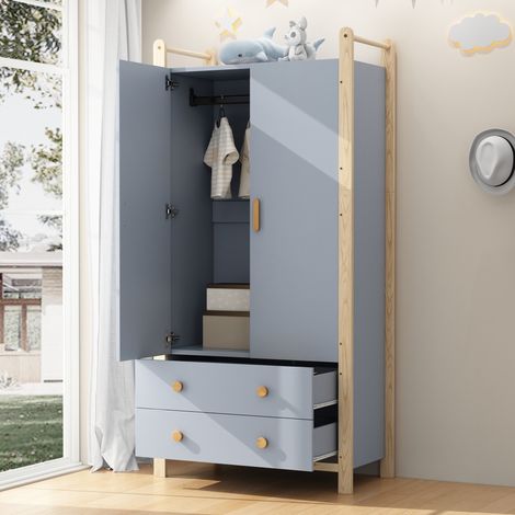 Kleiderschrank 89.6x44x180.5 cm blau/natur aus Massivholz und MDF mit Kleiderstange und 2 Schubladen (1/5)