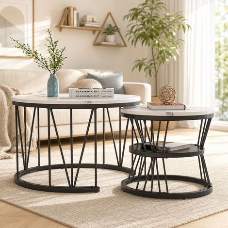 Lot de 2 Tables Basses Gigognes Rondes Ø70/45cm H45/40cm, Table Salon Effet Marbre Pieds Réglables Structure Métal Noir Design Moderne Déco Intérieur