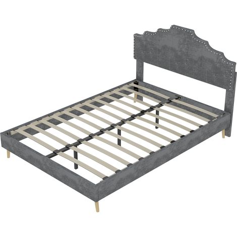 Cama tapizada gris 140 x 200 cm con cabecero geométrico y somier de láminas (1/5)